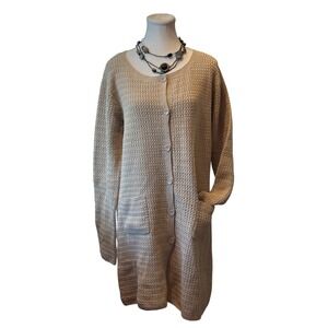 Cotton Ginny Womens Tan Crochet Knit Longline Cardigan Sweater Pockets Large